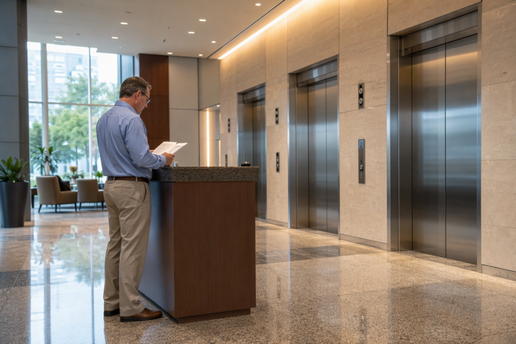 Building owner reviewing elevator maintenance cost proposal in a Houston commercial office lobby with a stainless steel elevator bank in the background