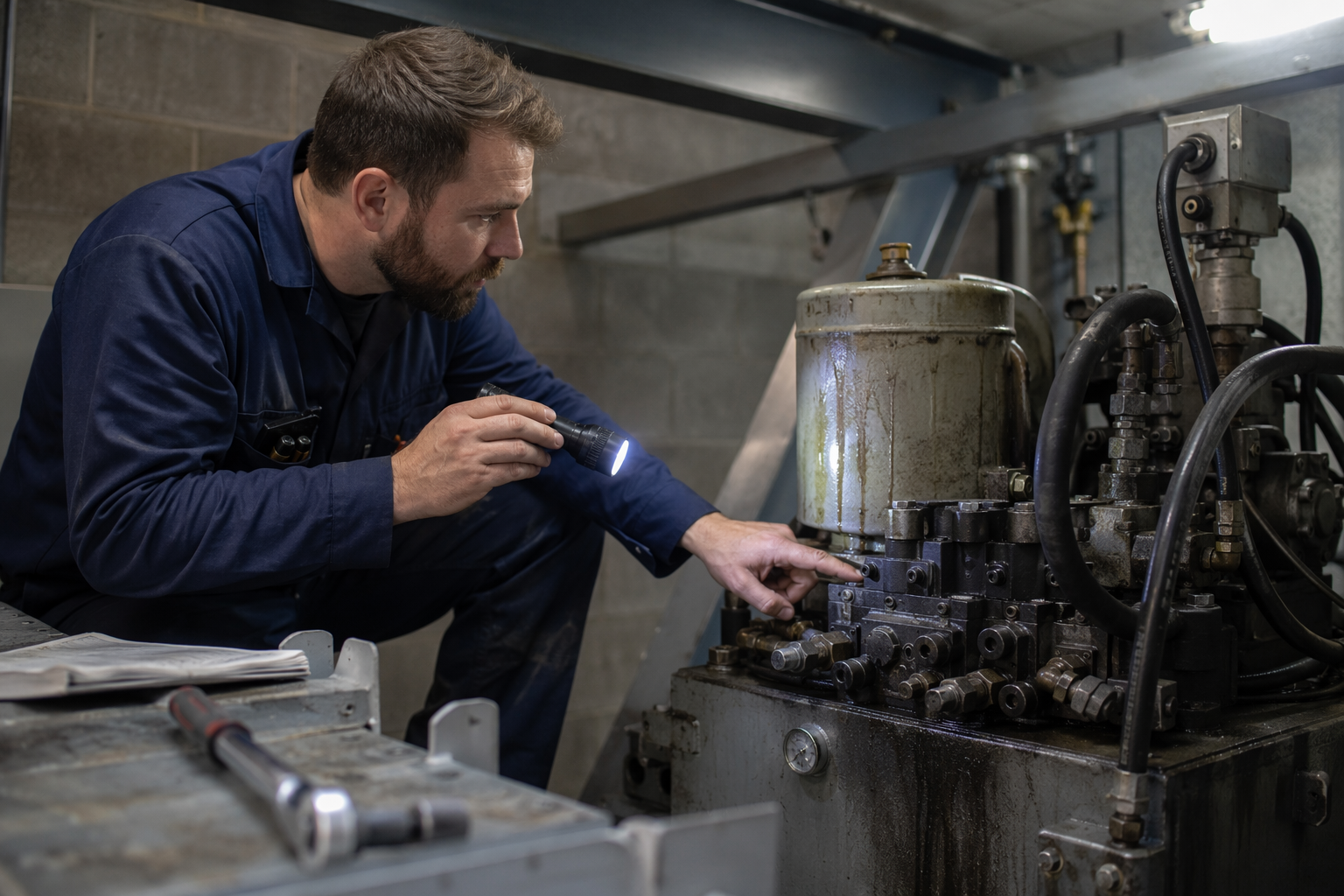 Elevator technician inspecting a hydraulic power unit in a commercial machine room, a key factor driving elevator maintenance costs for older systems
