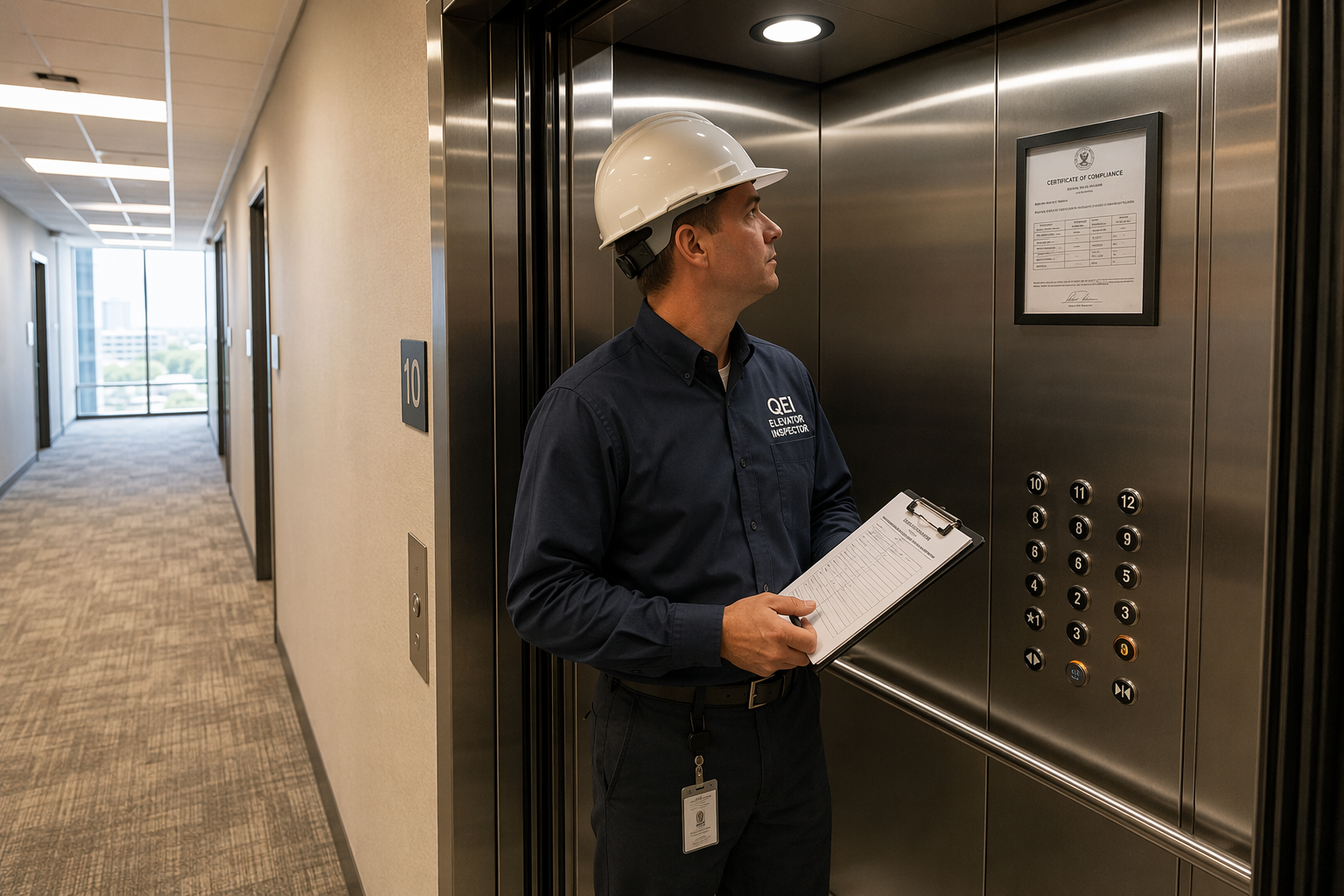 Annual Elevator Inspection in Progress Licensed elevator inspector reviewing annual inspection certificate inside a commercial elevator cab in a Houston office building, demonstrating required inspection frequency.