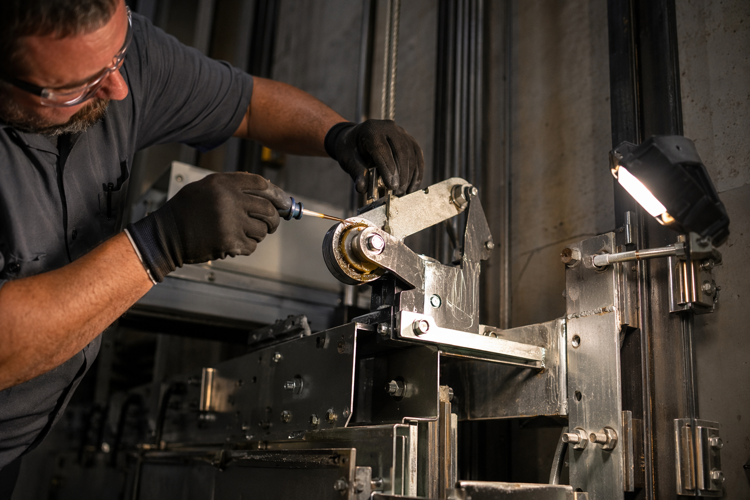 Preventive Maintenance vs. Formal Inspection Elevator technician performing preventive maintenance on a door operator mechanism inside a commercial hoistway, a routine service visit distinct from the required annual inspection.