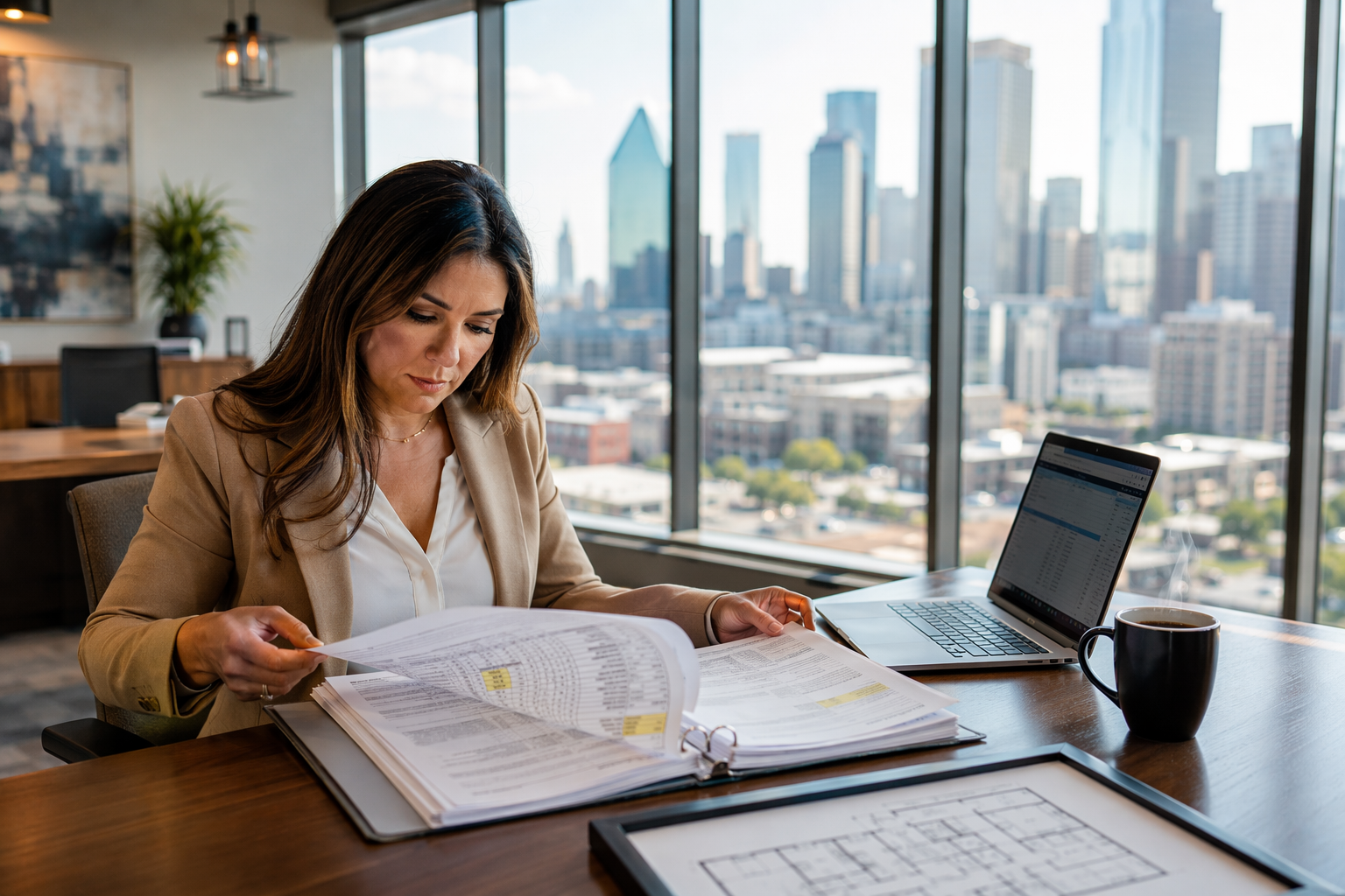 Building Manager Reviewing Elevator Inspection Schedule Property manager in a Dallas office reviewing elevator inspection frequency schedule and maintenance contract documentation to ensure ASME A17.1 compliance.