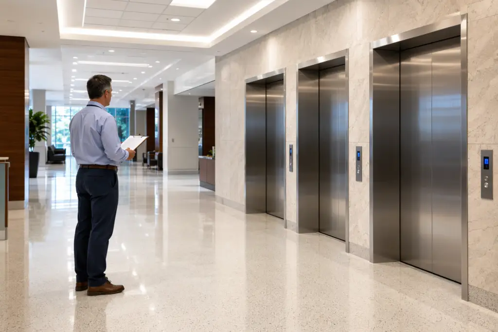 Facilities manager evaluating an elevator service company at a Houston hospital, reviewing compliance documentation in front of a bank of stainless-steel elevator doors.