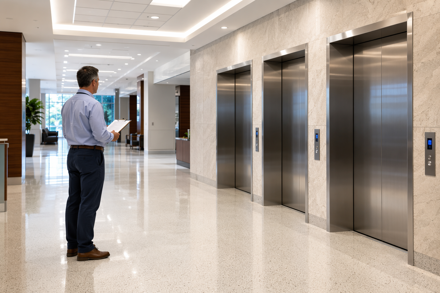 Facilities manager evaluating an elevator service company at a Houston hospital, reviewing compliance documentation in front of a bank of stainless-steel elevator doors.