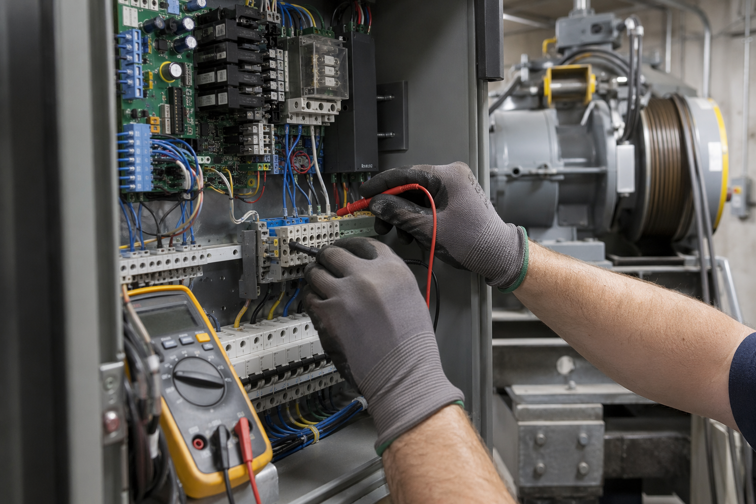 Licensed elevator technician inspecting a machine-room control panel with a multimeter, verifying ASME A17.1 and state code compliance during a healthcare facility evaluation.