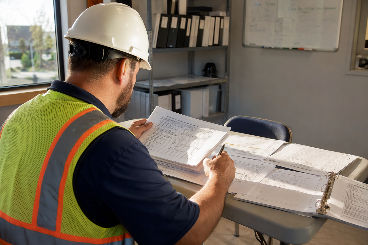 Qualified elevator inspector reviewing maintenance logs and QEI certification documents at a California medical office building during an elevator service company credential evaluation.