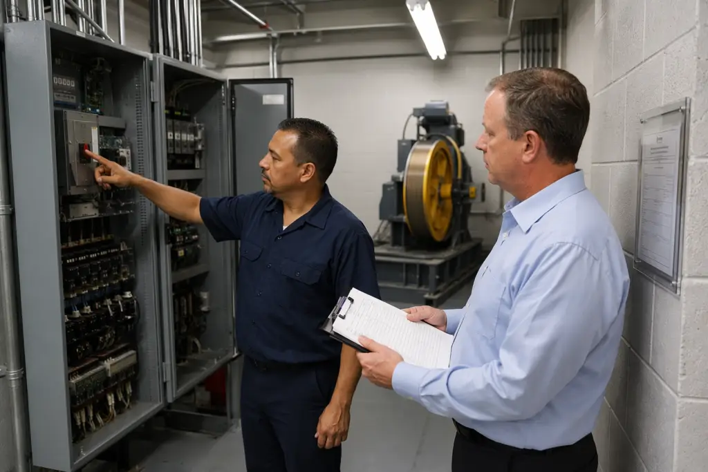 Licensed elevator inspector and technician reviewing compliance checklist beside traction elevator controller in a Houston commercial building machine room