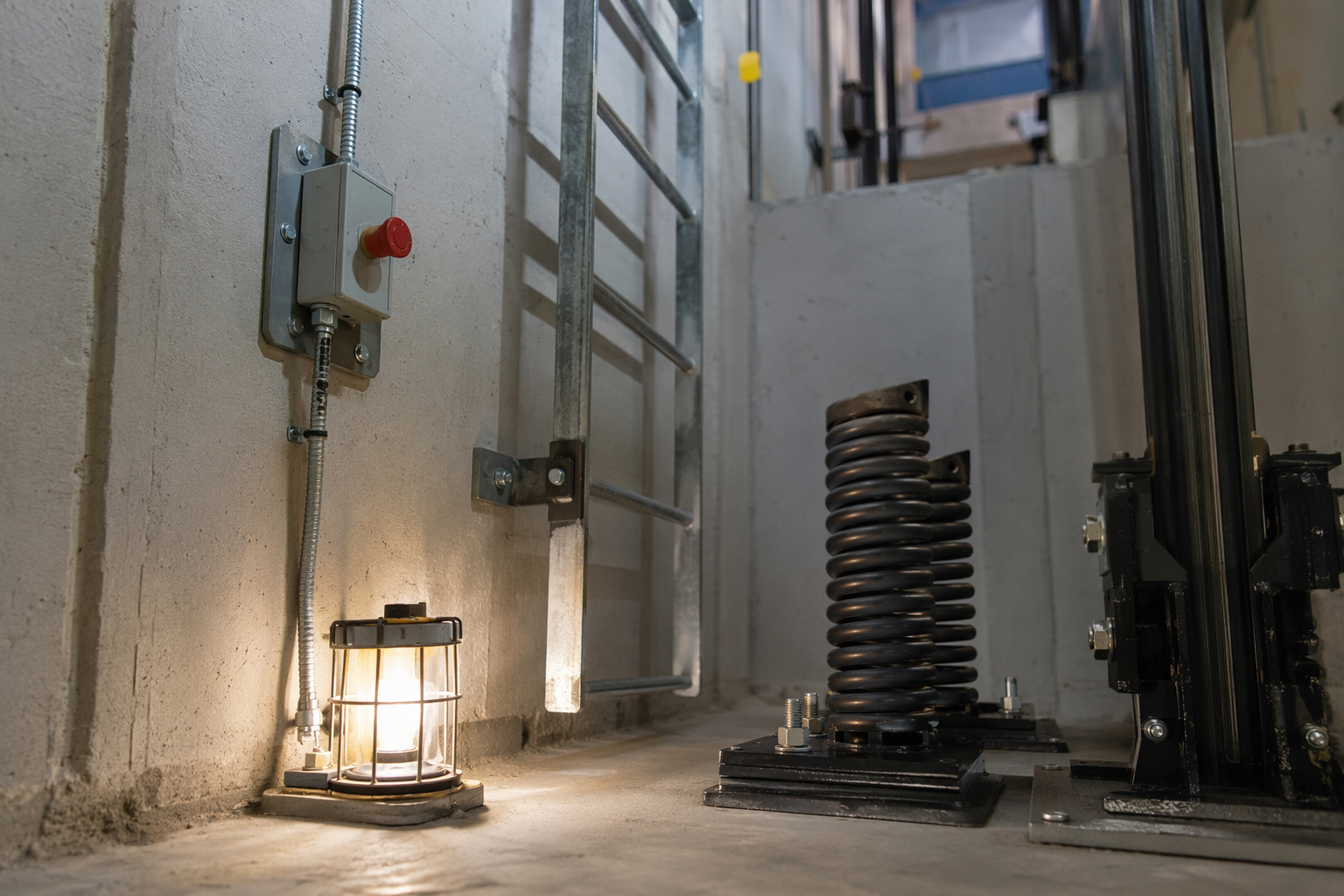 Compliant elevator pit showing dry concrete floor, mounted stop switch, LED lighting, and secure pit ladder — common inspection checkpoints for passing elevator inspection