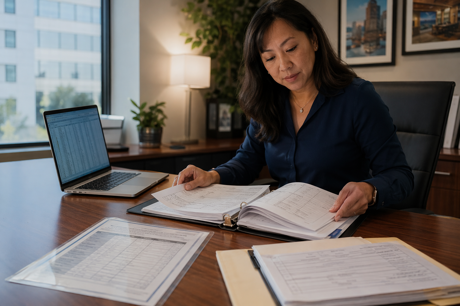 Building facilities manager reviewing elevator maintenance records and Certificate of Operation at her Dallas office desk to prepare for annual elevator inspection