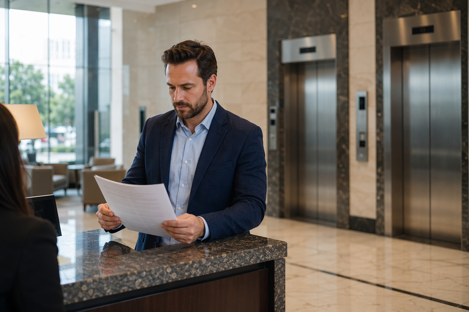 Property manager reviewing an elevator maintenance contract in a Houston commercial building lobby before deciding to switch elevator maintenance companies