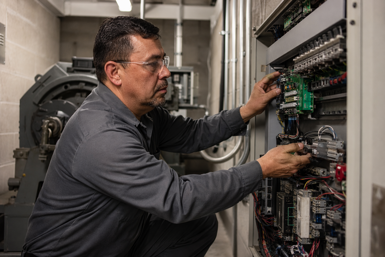 Elevator technician inspecting machine room controller during a maintenance evaluation to assess equipment condition before switching elevator service providers