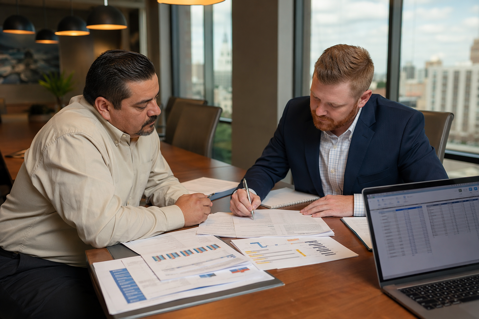 Facilities director comparing competitive elevator maintenance bids from multiple service providers at a conference table during the process of switching elevator maintenance companies