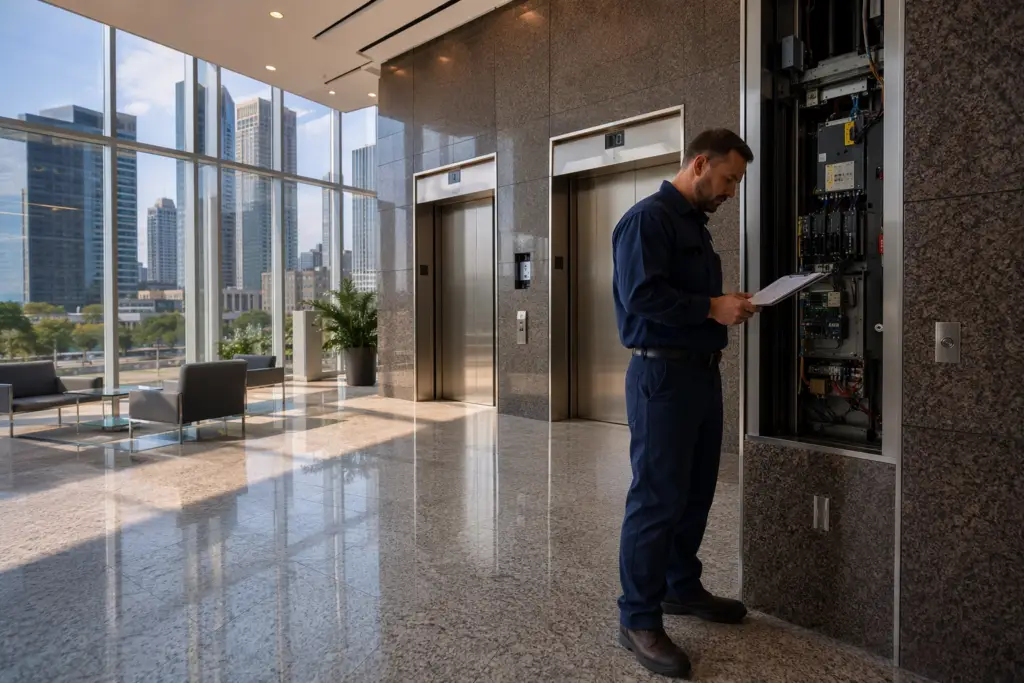 Independent elevator service technician inspecting a commercial elevator control panel in a Houston TX high-rise lobby, representing independent elevator service vs OEM