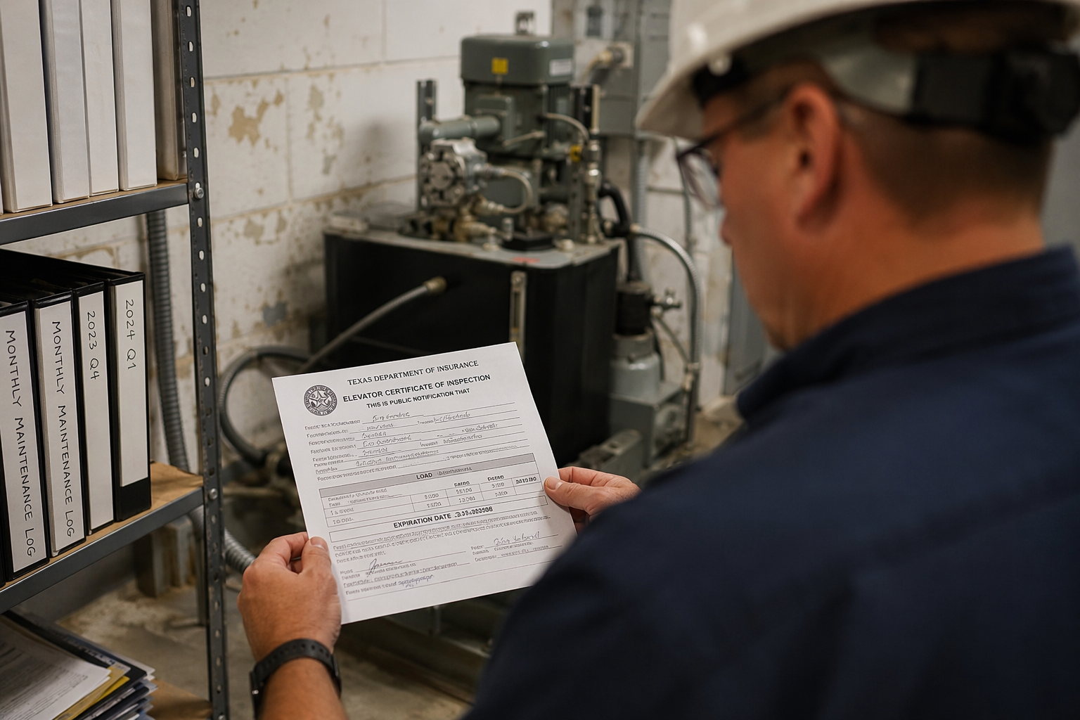 Elevator inspector reviewing a Texas TDI compliance certificate in a Houston commercial building machine room, confirming independent elevator service meets ASME A17.1 code standards