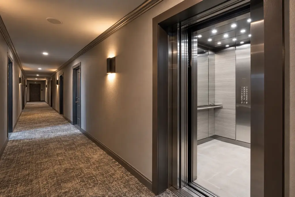 Modernized elevator cab interior in a Houston multifamily apartment building showing updated LED lighting, stainless steel finishes, and ADA-compliant Braille controls