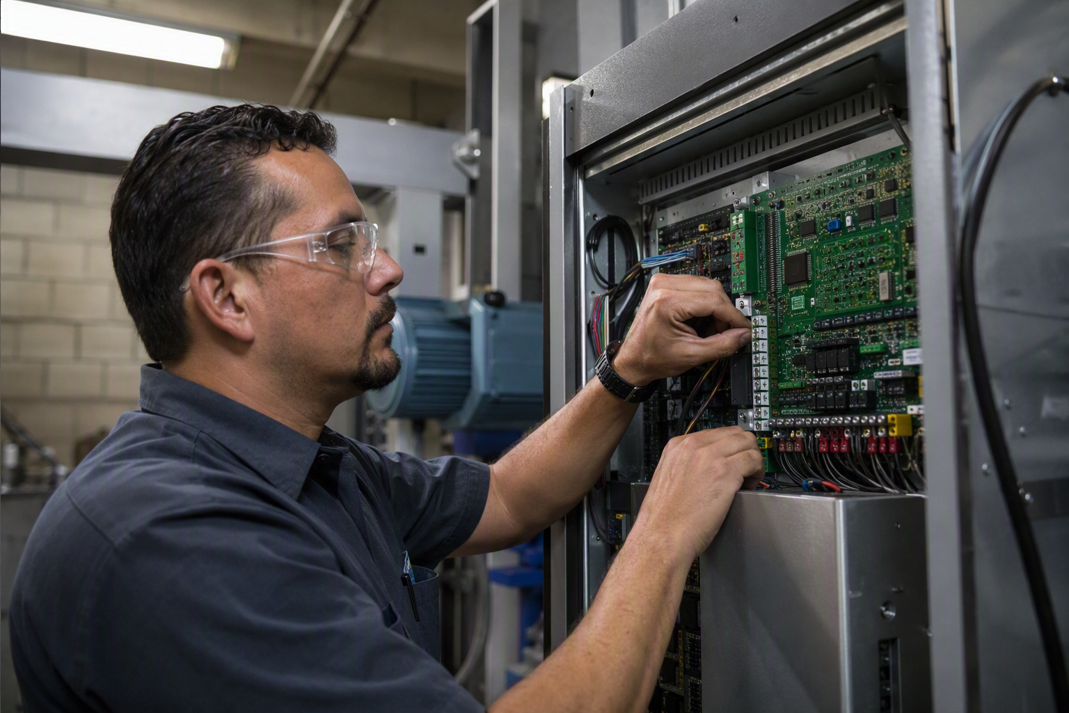 Elevator technician inspecting a new microprocessor-based controller installed during a multifamily elevator modernization in a Dallas apartment building machine room