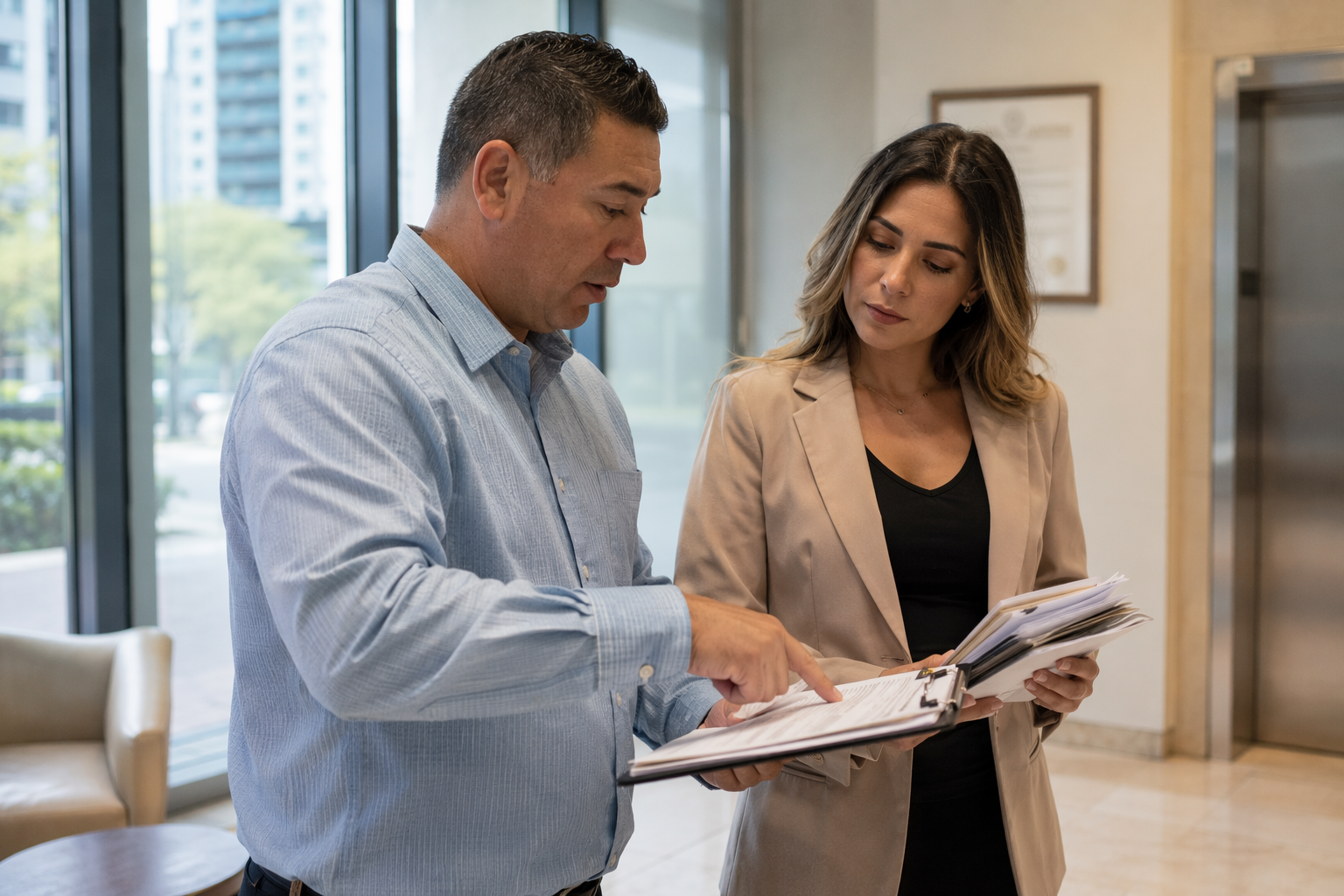 Property manager and elevator inspector reviewing ASME A17.1 compliance documents and inspection certificate in a San Antonio condominium lobby during multifamily elevator modernization