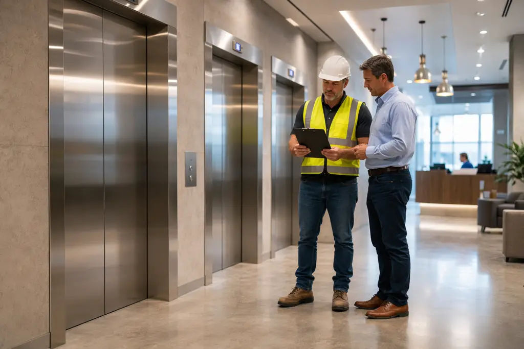Licensed elevator inspector reviewing office building elevator inspection schedule documents with a facilities manager in a Houston medical office building lobby.