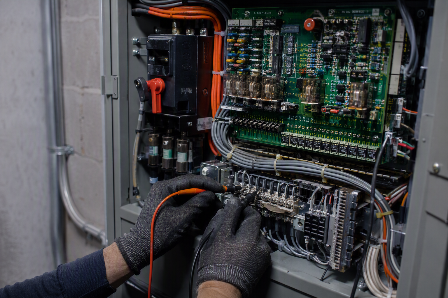Elevator technician using a multimeter on a machine-room controller during a periodic maintenance inspection visit at a healthcare office building.