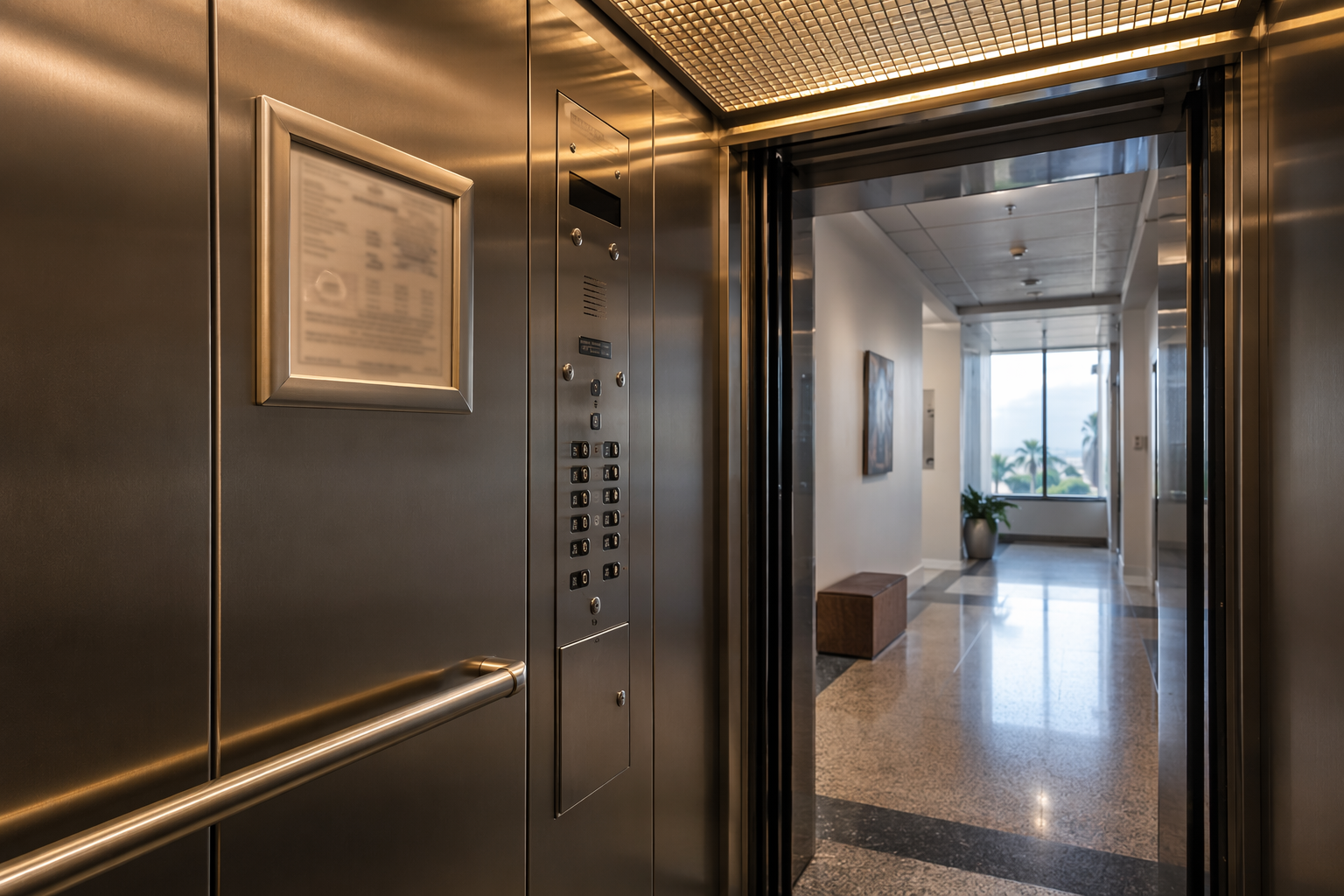 ADA-compliant elevator cab interior with current inspection certificate posted on the wall inside a Los Angeles medical office building outpatient facility.
