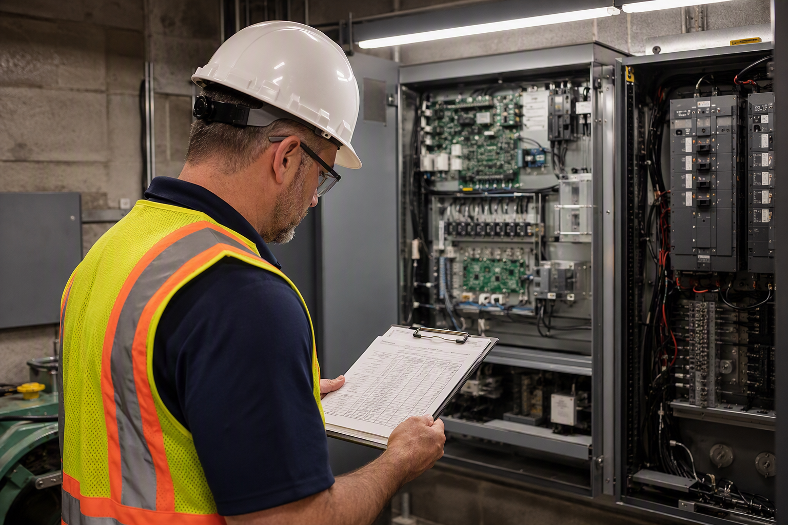 Elevator inspector reviewing ASME A17.1 compliance checklist in a hospital machine room with traction elevator controller, representing healthcare elevator inspection requirements.