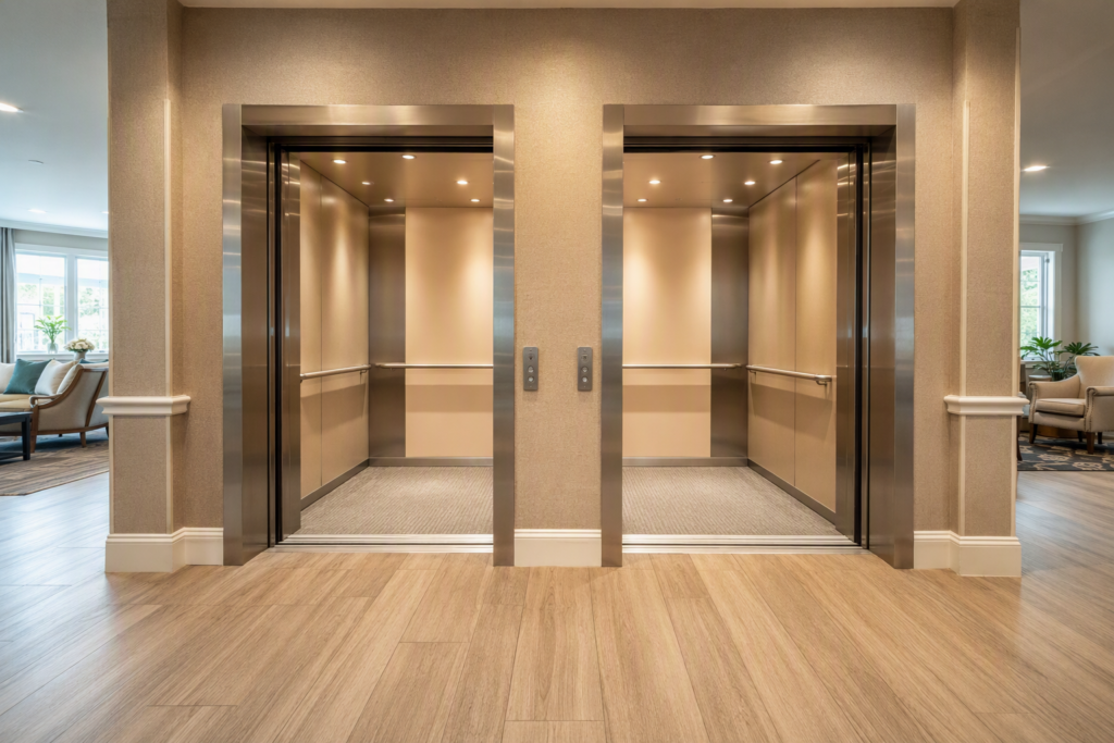 Wide ADA-compliant elevator lobby in a Houston Texas senior living facility showing dual cabs with open doors, handrails, and accessible controls meeting senior living elevator requirements.