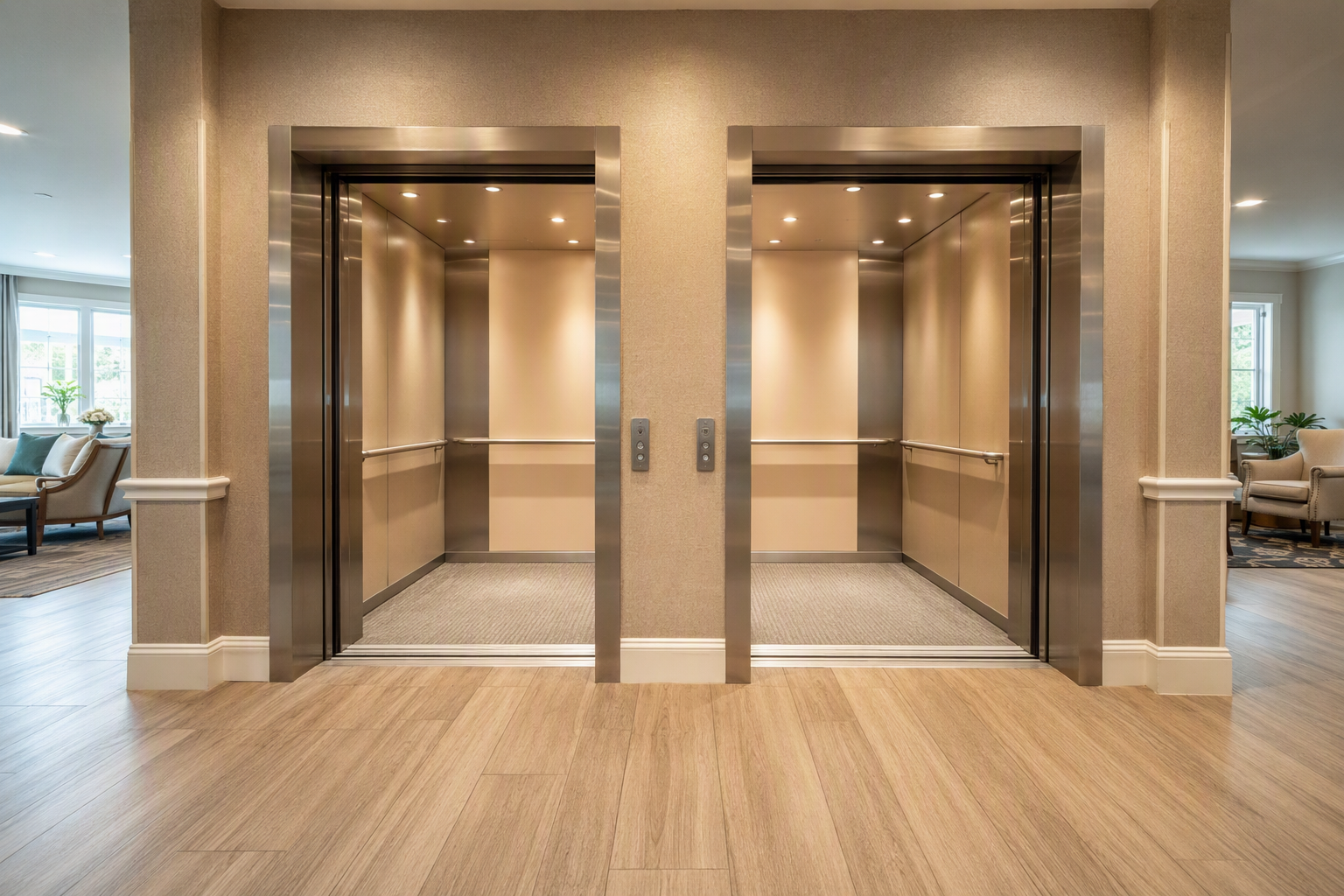 Wide ADA-compliant elevator lobby in a Houston Texas senior living facility showing dual cabs with open doors, handrails, and accessible controls meeting senior living elevator requirements.