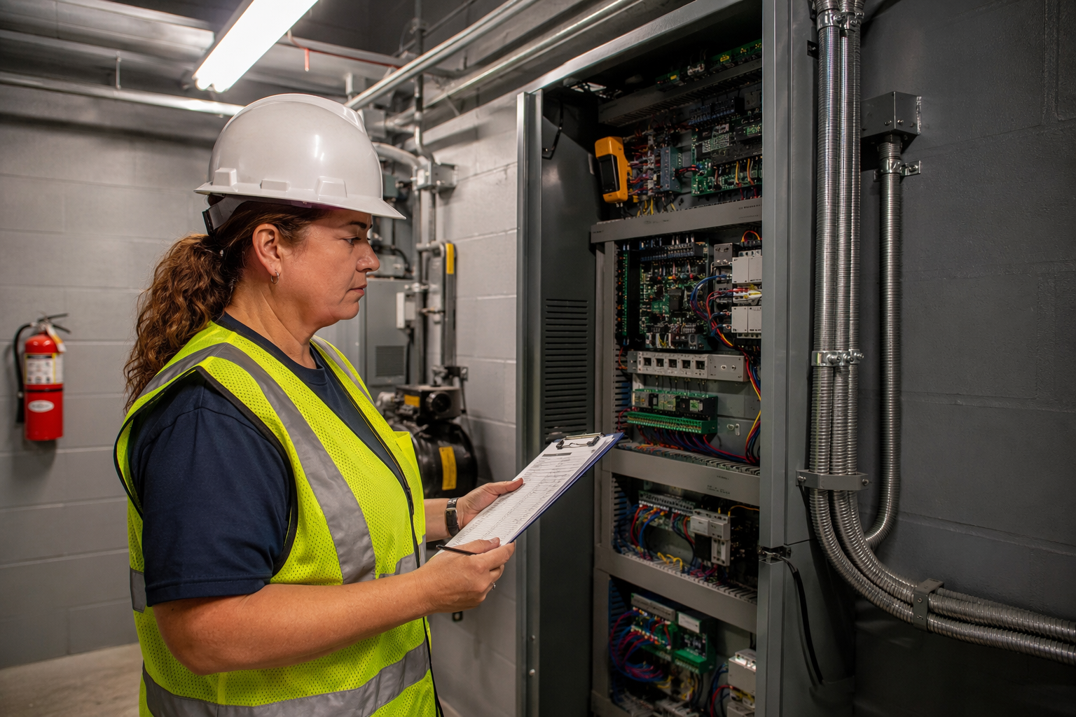 Elevator compliance inspector reviewing machine room controller and checklist in a San Antonio senior living facility, verifying ASME A17.1 and state inspection requirements.