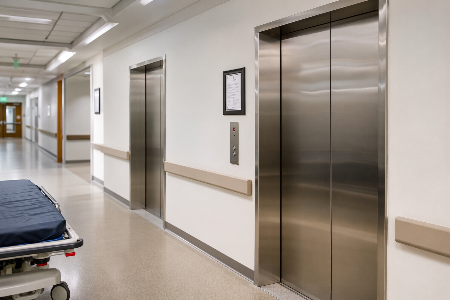 Hospital corridor with stainless-steel elevator doors and a state inspection certificate mounted on the wall, illustrating state elevator inspection frequency for healthcare facilities.