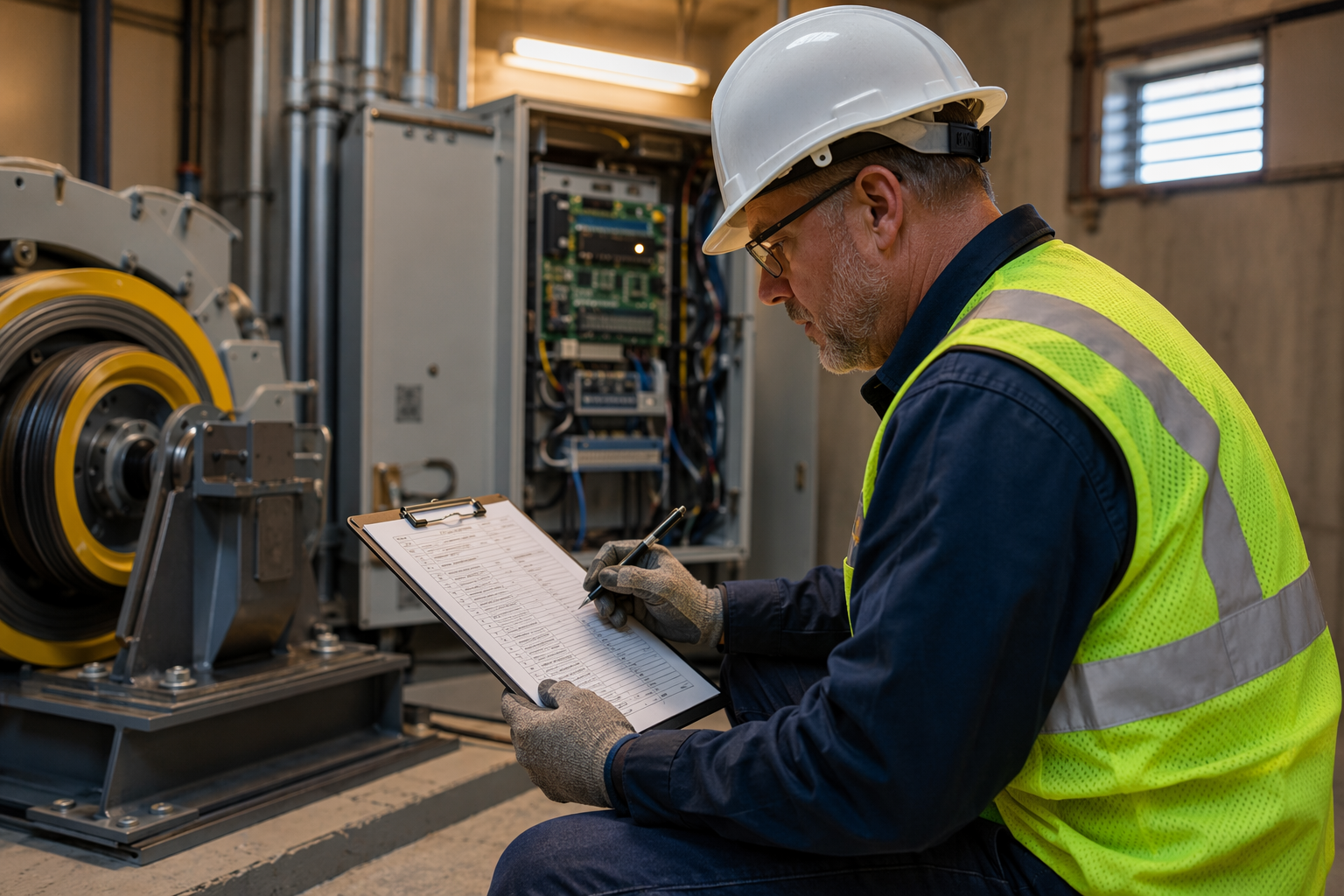 Licensed elevator inspector reviewing an ASME A17.1 inspection checklist in a commercial machine room, representing annual and periodic state elevator inspection cycles for healthcare buildings.