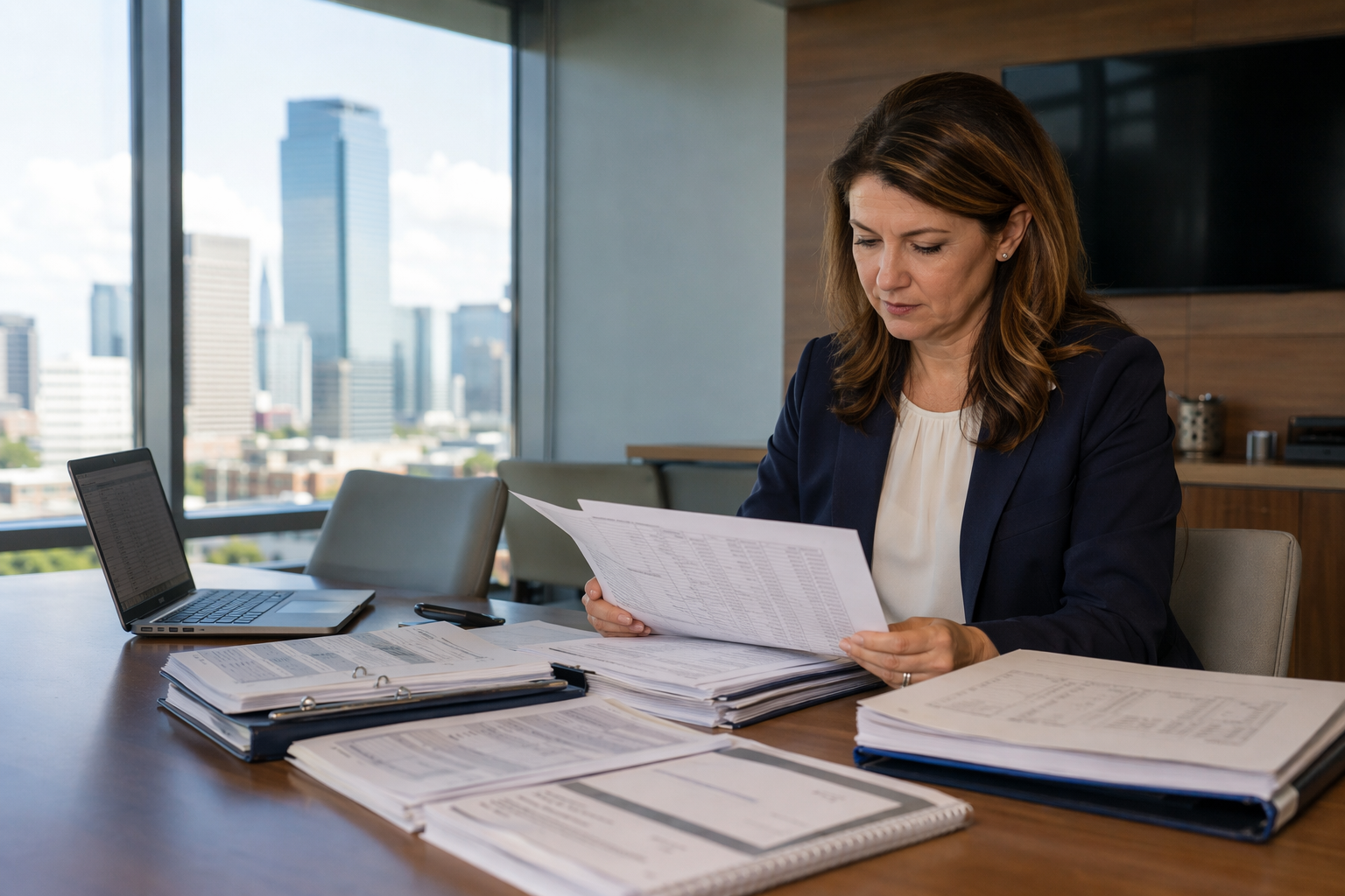 Healthcare facility manager reviewing elevator inspection logs and compliance contracts at a conference table, managing state elevator inspection frequency obligations for a hospital.