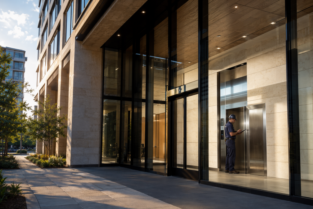 Certified elevator maintenance technician reviewing service records beside stainless elevator doors in a modern Austin TX commercial office building lobby
