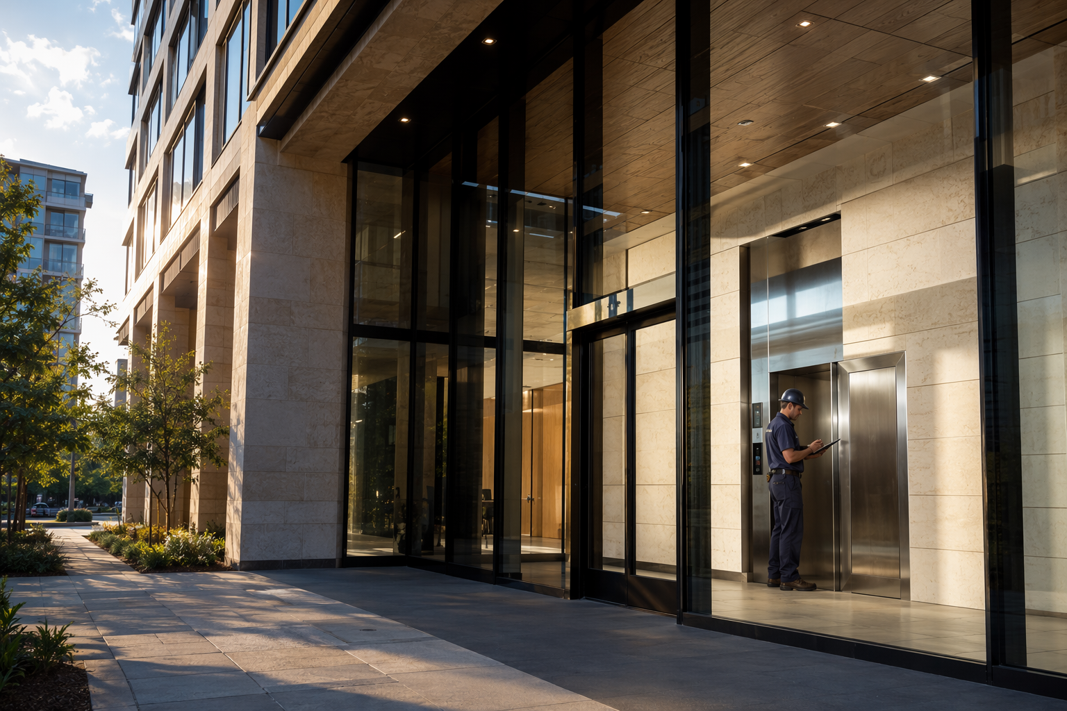 Certified elevator maintenance technician reviewing service records beside stainless elevator doors in a modern Austin TX commercial office building lobby