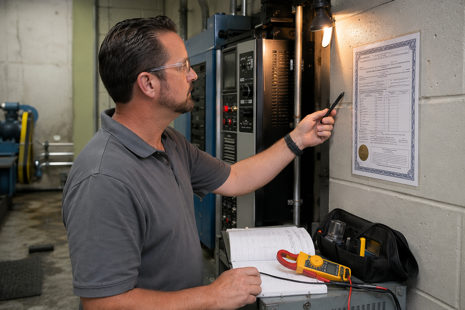 Licensed elevator inspector reviewing inspection certificate and service logbook inside an Austin TX elevator machine room during annual TDI compliance inspection