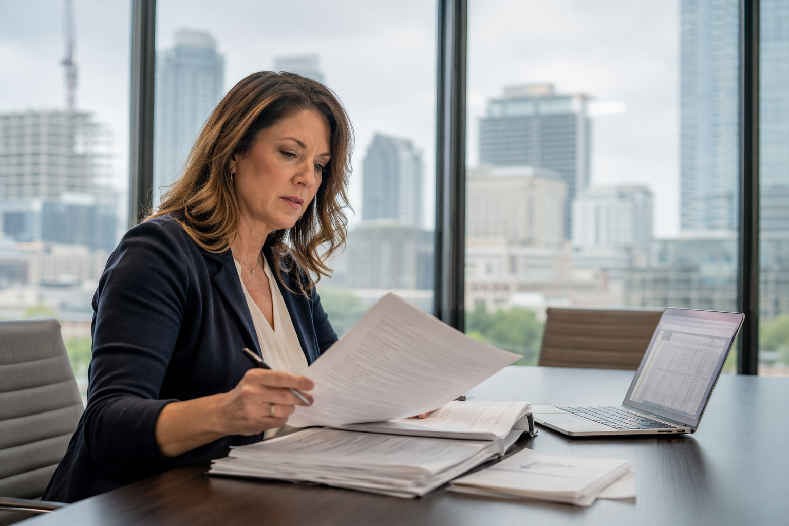 Austin TX building facilities manager reviewing elevator maintenance contract terms and preventive maintenance schedule at commercial property management office