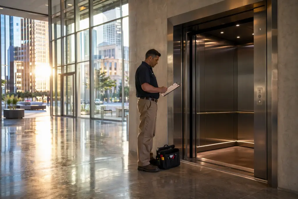 IUEC-certified elevator maintenance technician inspecting a commercial elevator cab in a Houston TX high-rise office building lobby
