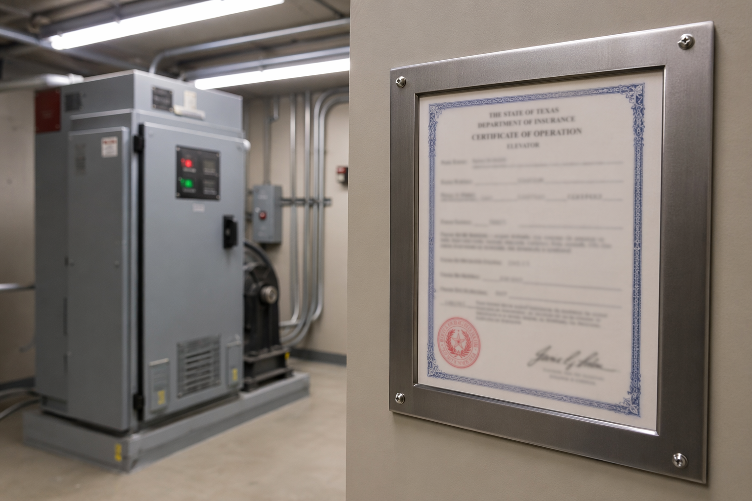 Texas Elevator Certificate of Operation Texas Department of Insurance elevator Certificate of Operation displayed inside a Houston elevator machine room showing annual inspection compliance