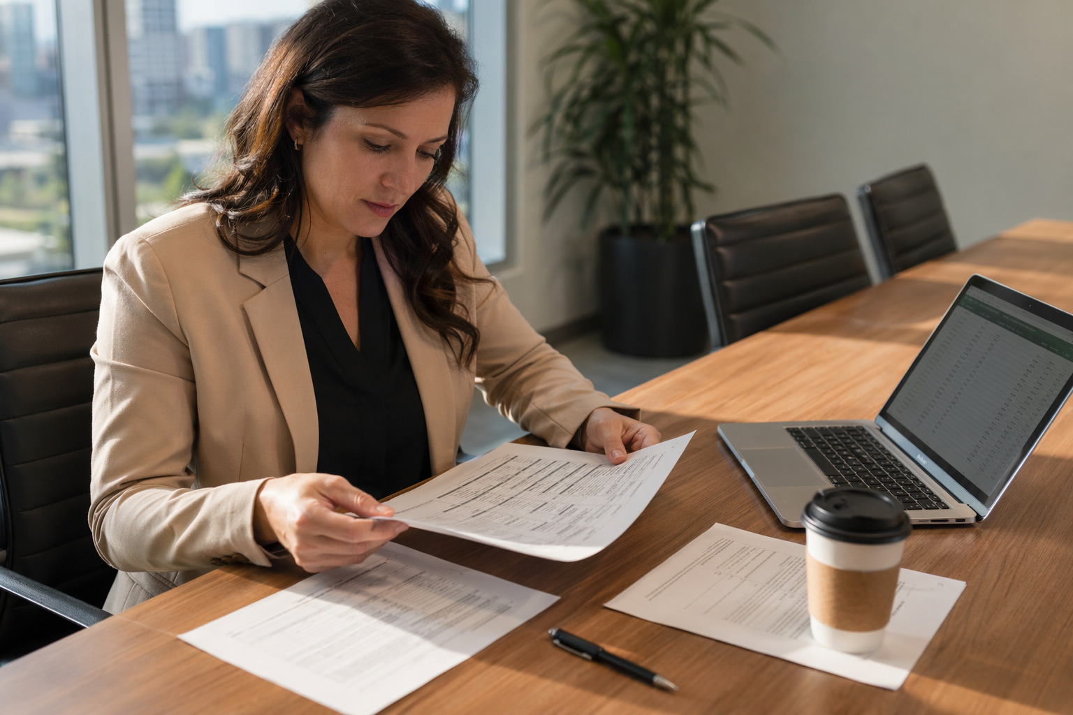Reviewing Houston Elevator Maintenance Contract Costs Houston building property manager reviewing an elevator maintenance contract pricing and terms at an office desk