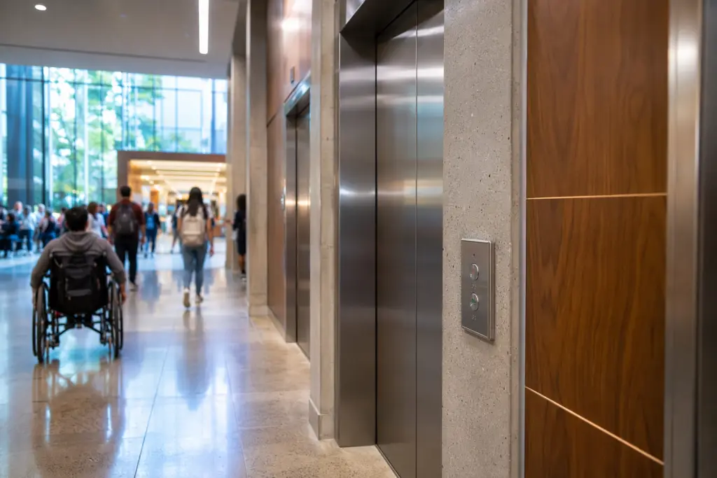 Modern ADA-compliant university elevator lobby with Braille call buttons and stainless steel doors in a Houston, TX campus academic building.