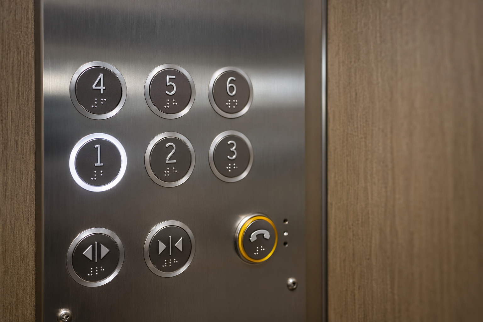 Close-up of an ADA-compliant elevator control panel with Braille labels, raised buttons, and emergency communication device inside a university campus elevator cab.