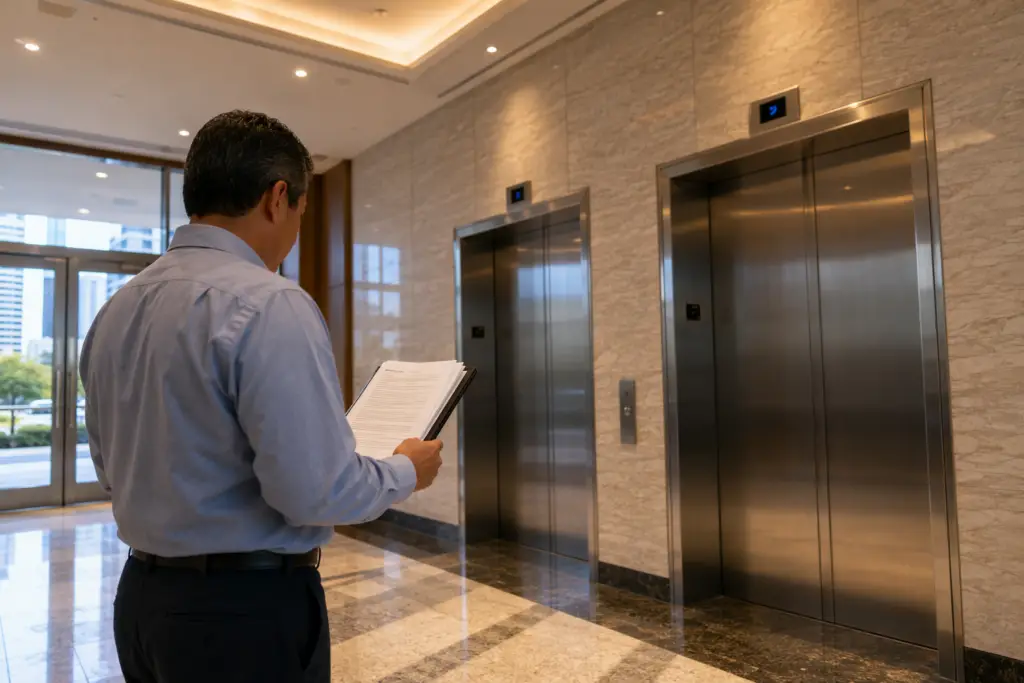 Facilities manager reviewing an elevator maintenance contract in a Houston commercial building lobby with stainless-steel elevator doors and marble walls