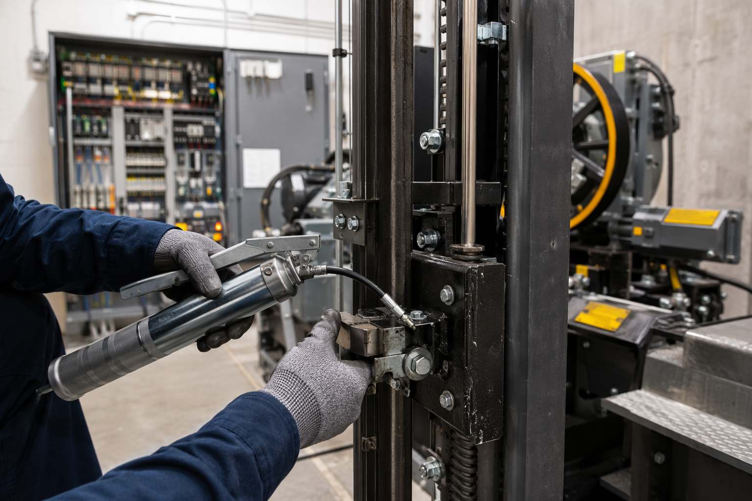 Elevator technician lubricating guide rail components during a preventive maintenance visit inside a Dallas TX commercial building machine room