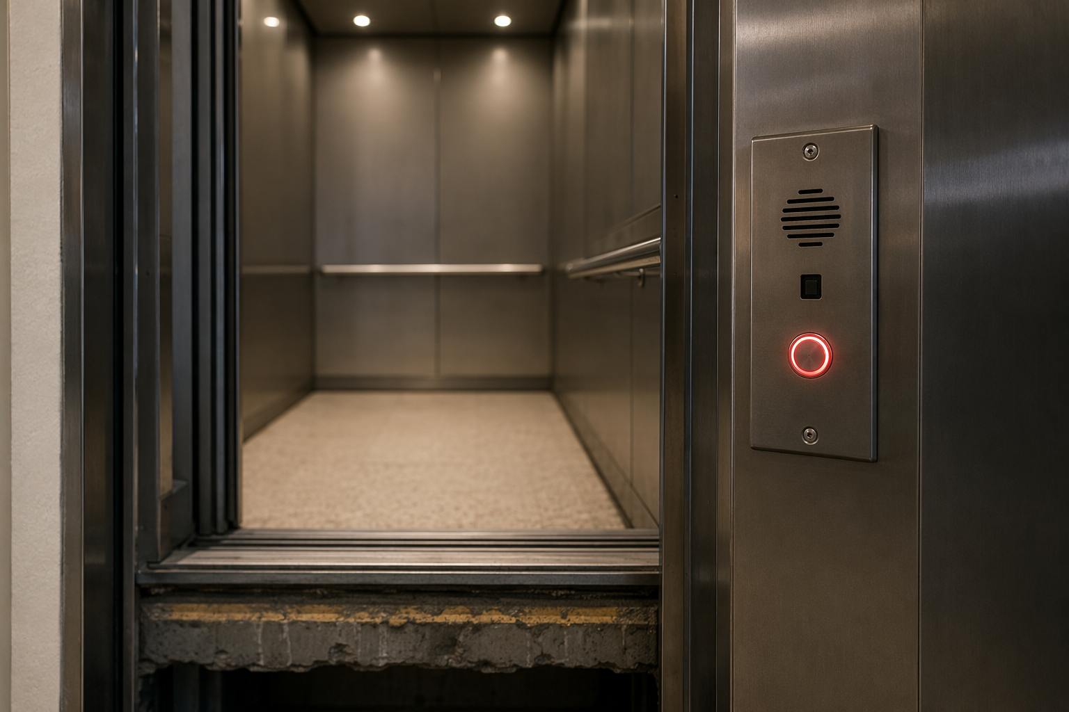 Illuminated ASME A17.1 emergency telephone panel inside a stalled elevator cab showing active call state during a passenger entrapment requiring 911 response.