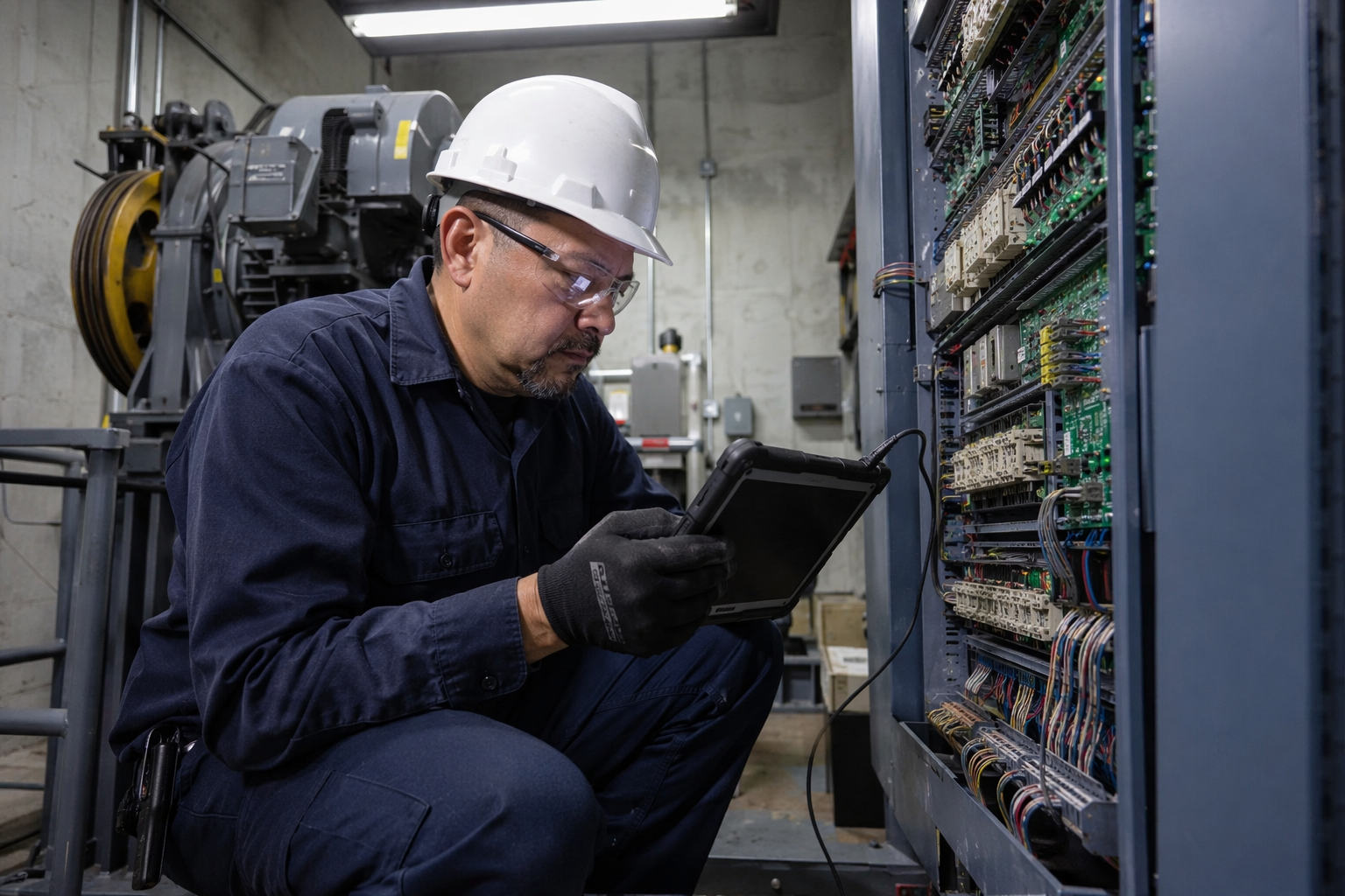 IUEC-certified elevator technician diagnosing controller fault in machine room during emergency repair response, following step-by-step elevator breakdown protocol.