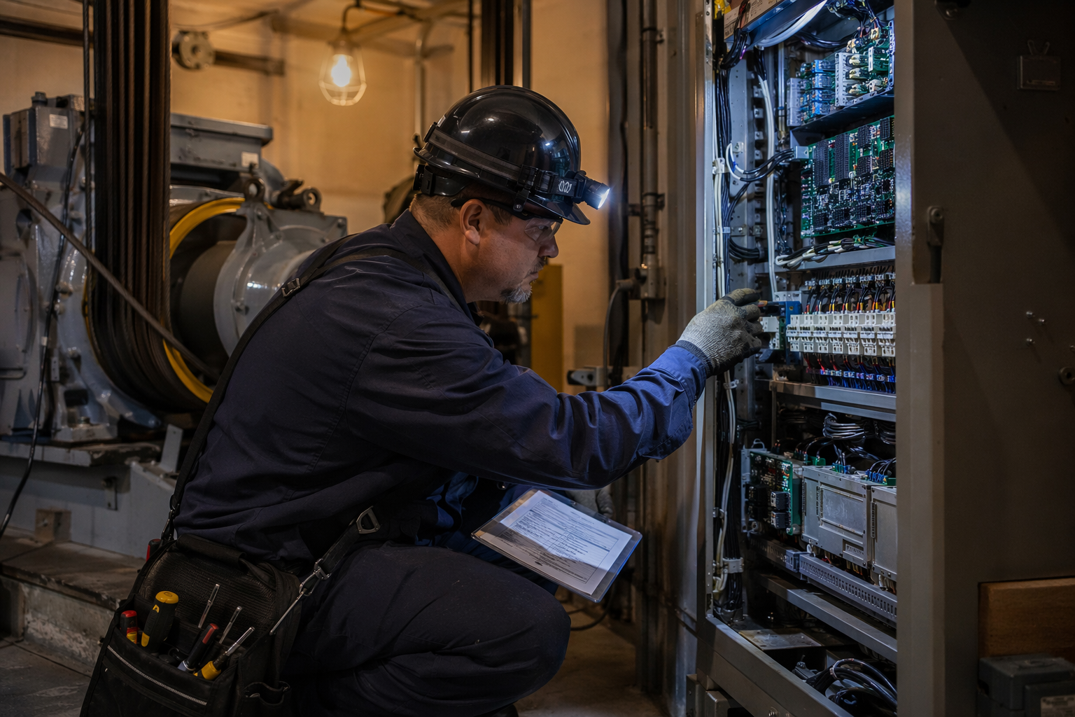 IUEC-certified elevator mechanic performing manual lowering procedure in a machine room during an elevator entrapment rescue in Texas