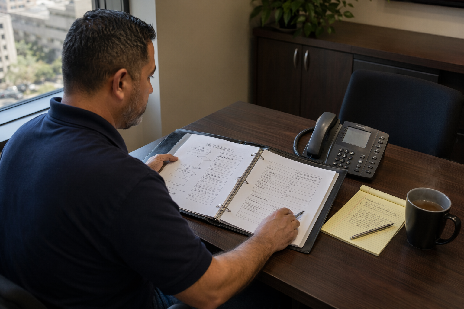 Building manager reviewing elevator entrapment emergency contact chain documentation and incident reporting protocol at a San Antonio commercial property