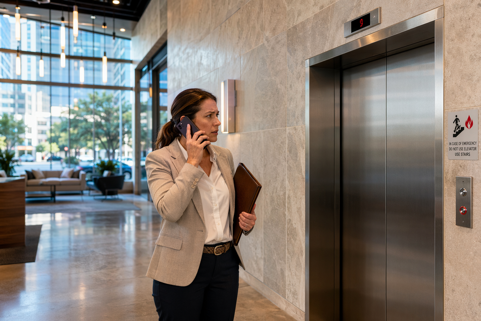Building manager calling 911 and elevator service company during an elevator entrapment rescue procedure in a Houston office building lobby