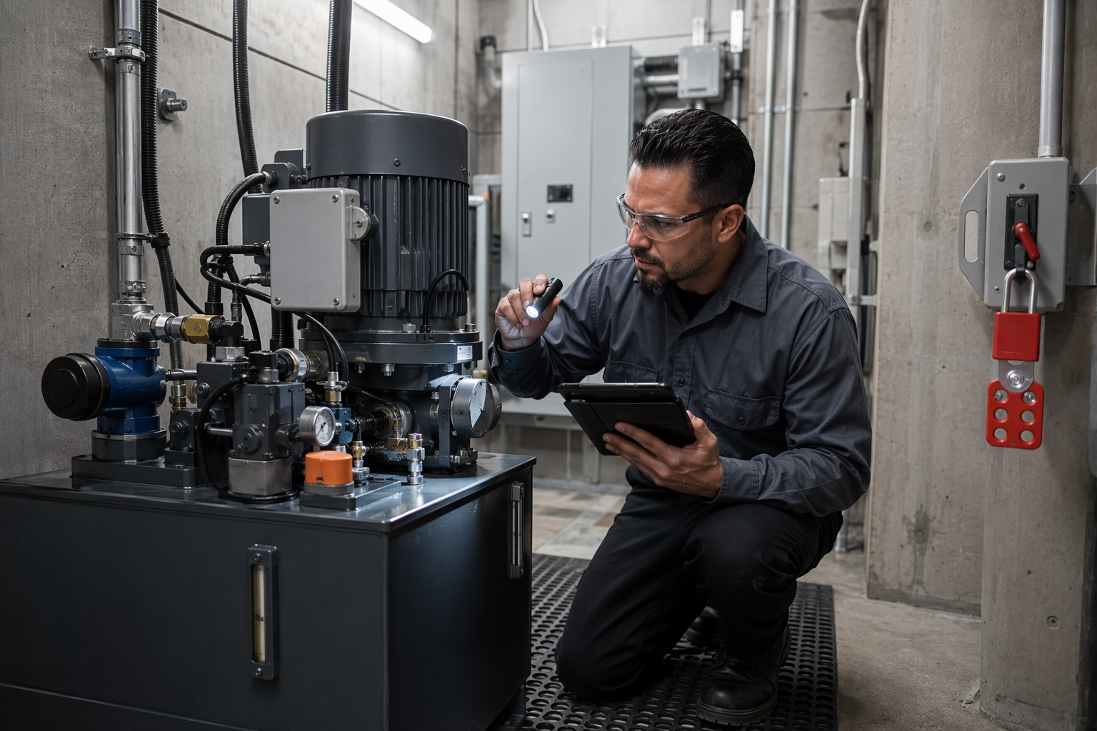 Certified elevator technician inspecting hydraulic power unit in a commercial machine room after an out-of-service call, with lockout-tagout engaged on the disconnect switch