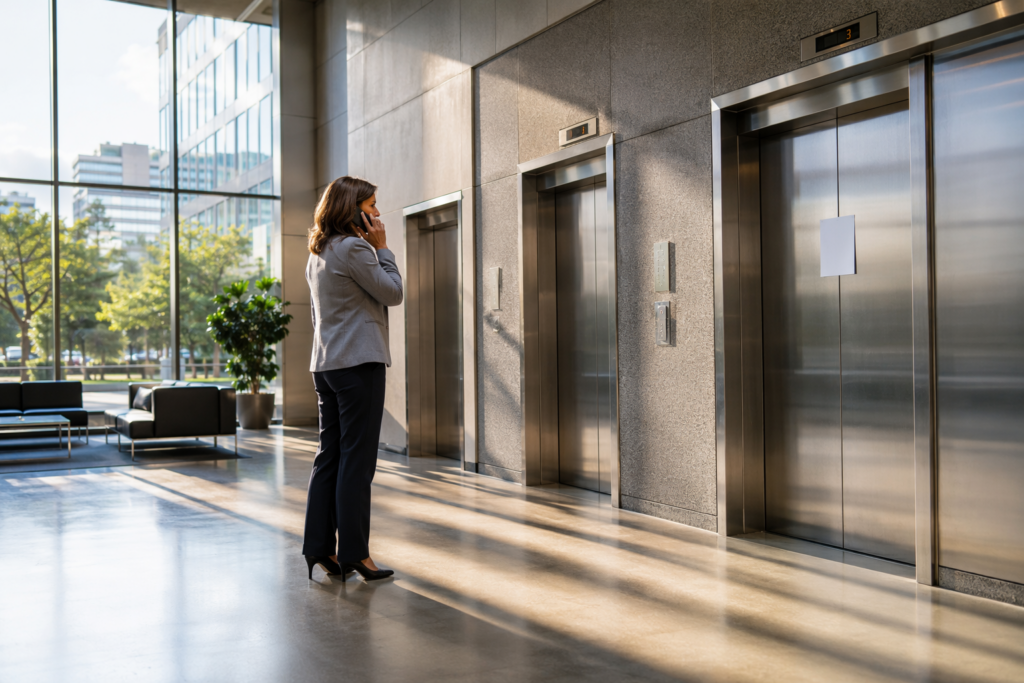 Building manager calling elevator service company after elevator goes out of service in a Houston commercial office lobby with out-of-service sign on elevator doors