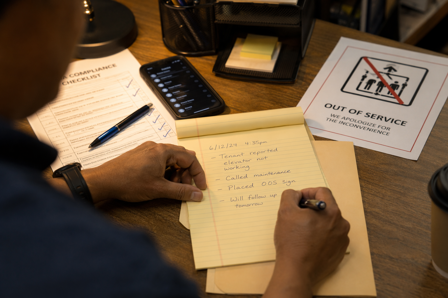 Building manager documenting elevator out-of-service incident in writing with ADA compliance checklist and out-of-service signage materials on desk in San Antonio property management office
