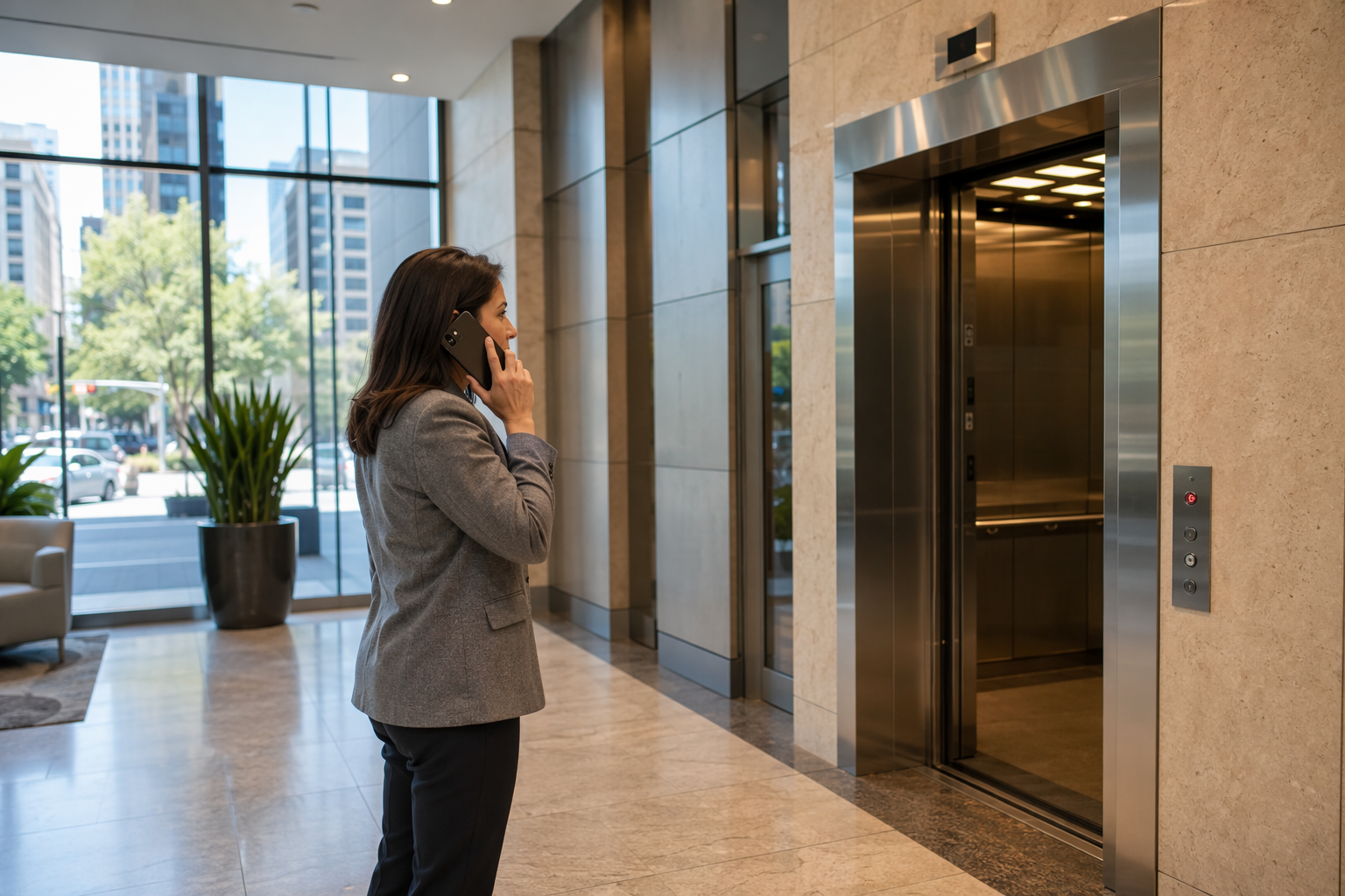 Building manager in Houston office lobby calling an elevator repair service after an elevator breakdown, with open malfunctioning cab visible behind her